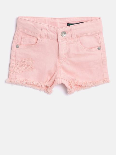 United Colors of Benetton Girls Pink Solid Regular Fit Embroidered Denim Shorts