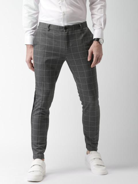 INVICTUS Men Grey Slim Fit Checked Regular Trousers