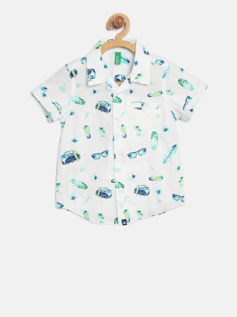 United Colors of Benetton Boys White & Blue Regular Fit Printed Casual Shirt
